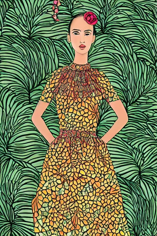 Image similar to melon colored dress, fashion illustration by eko nugroho, jungle background, finely detailed