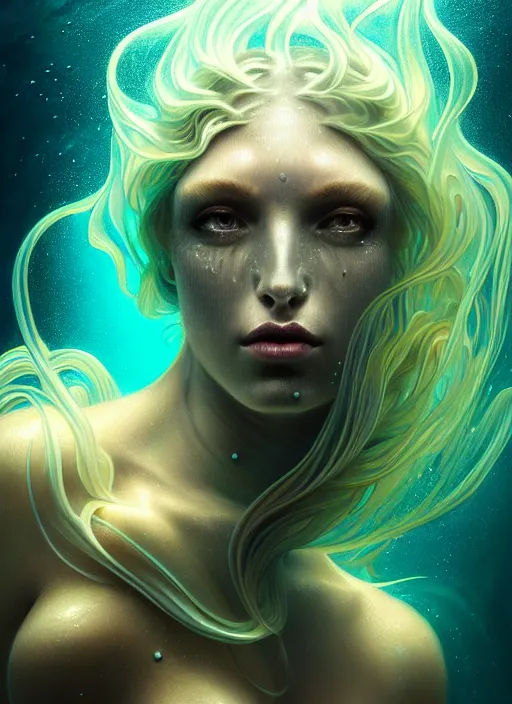 Prompt: an underwater photographic side portrait of an anthropomorphic bioluminescent liquid wave, dramatic murky volumetric lighting, fantasy, intricate, elegant, highly detailed, digital painting, artstation, concept art, smooth, sharp focus, illustration, art by artgerm and h r giger and alphonse mucha