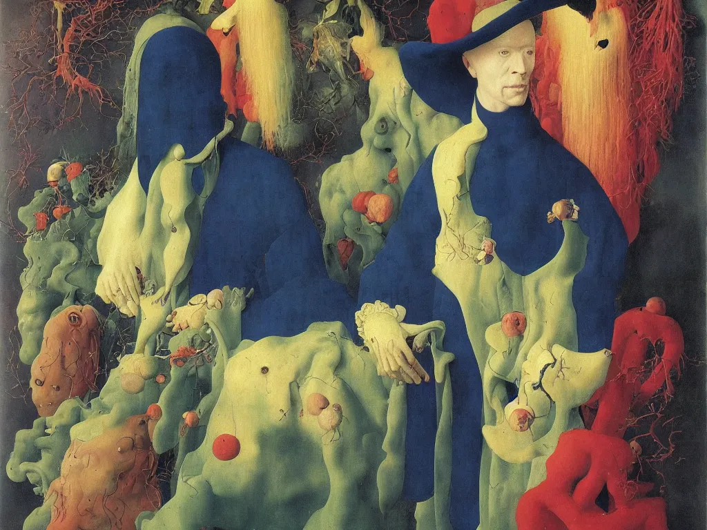 Image similar to portrait of albino mystic with blue eyes, with beautiful exotic corals. Painting by Jan van Eyck, Audubon, Rene Magritte, Agnes Pelton, Max Ernst, Walton Ford