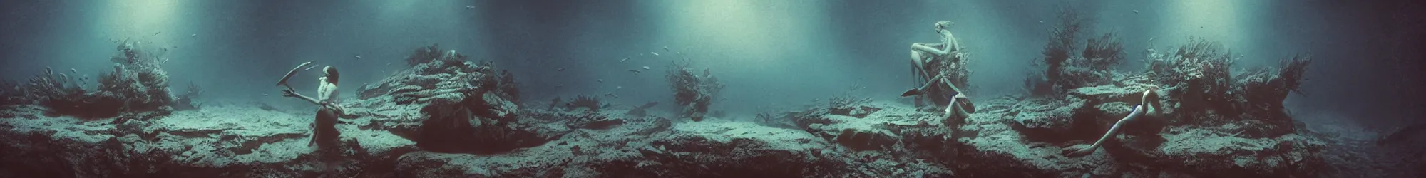 Image similar to underwater photo of fish, Les Edwards, Zdzislaw Beksinski, Carl Gustav Carus, John Harris, Michal Karcz, Zhang Kechun, Mikko Lagerstedt, Scott Listfield, Steven Outram, Jessica Rossier