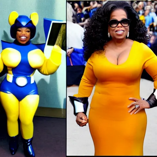 Prompt: Oprah Winfrey wearing megaman cosplay n-9