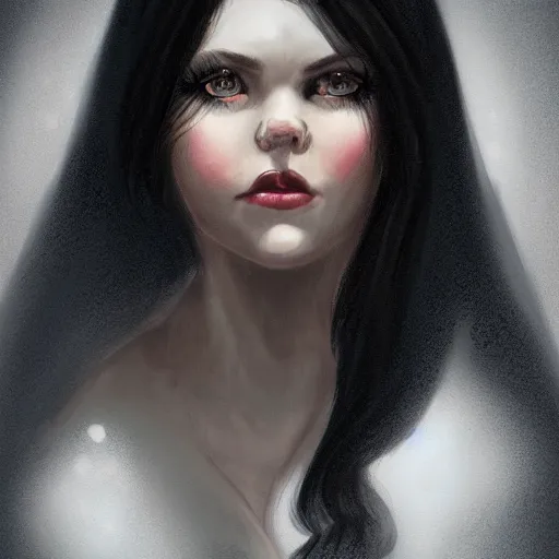 Image similar to grumpy girl, portrait, ice magic, dark hair, dark robe, warm light, concept art, illustration