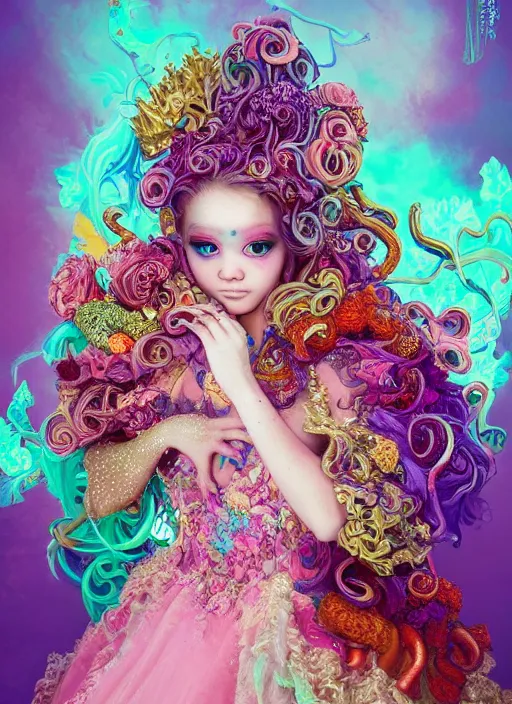 Image similar to A full body shot of a cute and mischievous young monster princess wearing an ornate gown. Covered in barnacles and tentacles. Dynamic Pose. Quinceanera dress. Rainbow palette. rainbowcore. Eldritch Beauty. defined facial features, symmetrical facial features. Opalescent surface. beautiful lighting. By Ruan Jia and Artgerm and Range Murata and WLOP and Ross Tran and William-Adolphe Bouguereau. Key Art. realistic, Hyperdetailed. Fantasy Illustration. Masterpiece. artstation, award winning, sharp, details, HD, HDR, 4K, 8K.