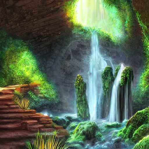 Prompt: ancient temple,plants and waterfalls in the interior of a cave,digital art