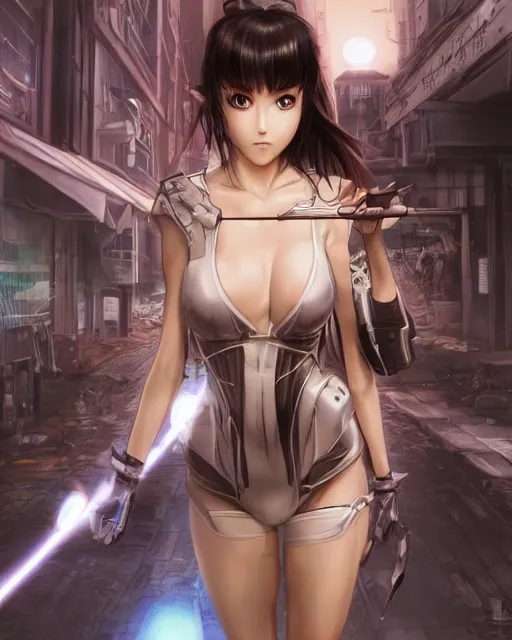 Prompt: The successful warrior is the average man, with laser-like focus, artwork by artgerm, anime style art, art by Masamune Shirow, cyberpunk streets in Japan, elegant, seductive, ssci-fi, high fantasy, CGsociety, full length, exquisite detail, post-processing, low angle, masterpiece, mystical, magical