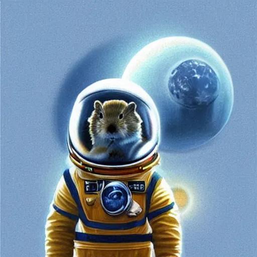 Prompt: hamster, wearing an cosmonaut helmet, russian cosmonaut, on the moon, art by artgerm and david a hardy