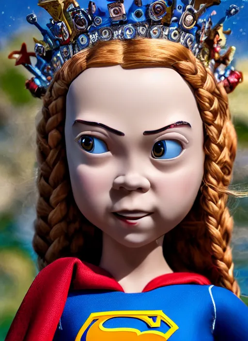 Image similar to closeup face profile portrait of a tin toy greta thunberg as supergirl as a fairytale princess wearing a crown, bikini, depth of field, zeiss lens, detailed, fashion photoshoot, by nicoletta ceccoli, mark ryden, lostfish, breathtaking, 8 k resolution, extremely detailed, beautiful, establishing shot, artistic, hyperrealistic, octane render
