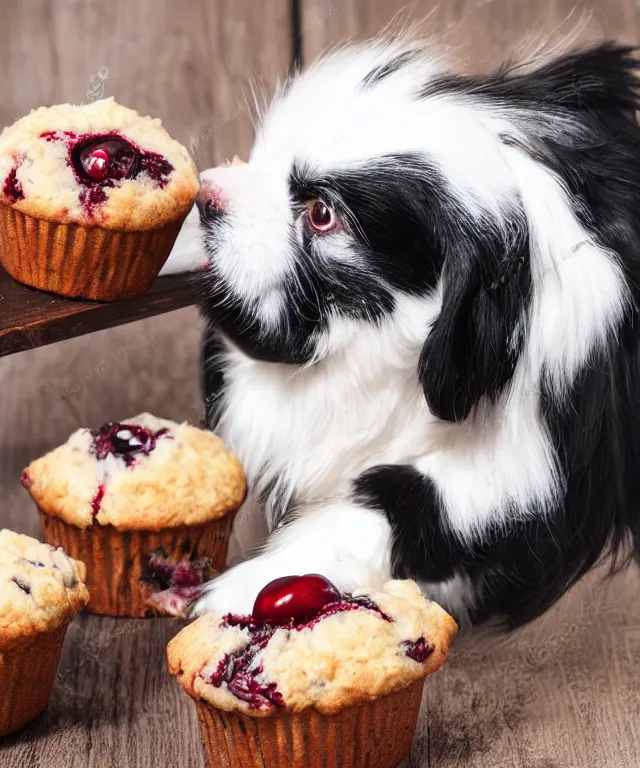 Image similar to black and white japanese chin dog eating cherry muffins