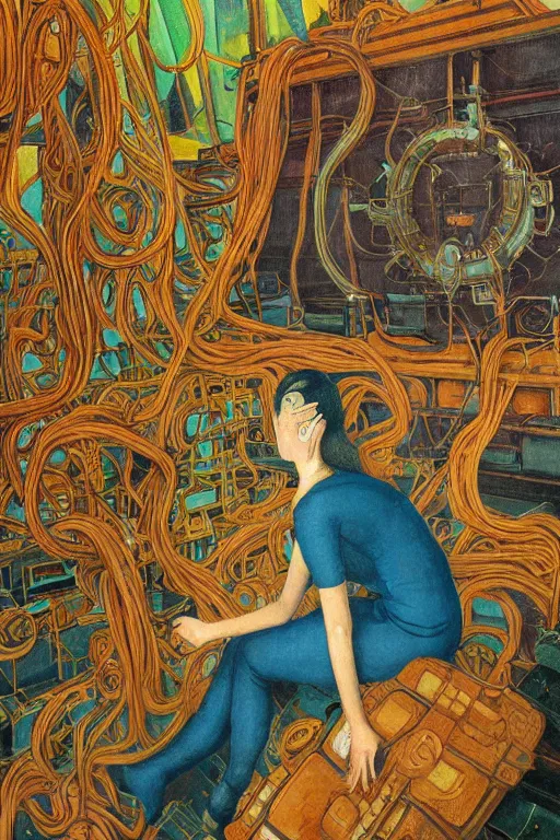 Image similar to realistic portrait of an engineer woman fixing the samsara holy cluster, fine portrait, concept art, stunning, in the style of brecht evens and jean delville