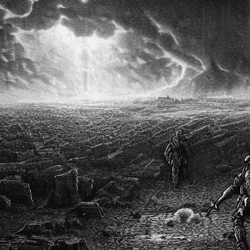 Prompt: apocalyptic landscape, soldier in gasmask, dark clouds, fire, dark, night, eerie, dystopian, city, end times, illustration by Gustave Doré