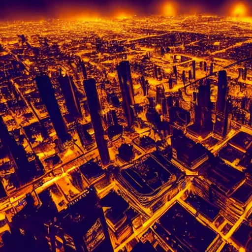 Prompt: aerial shot of the impressive dystopian cyberpunk city at night during amazing storm