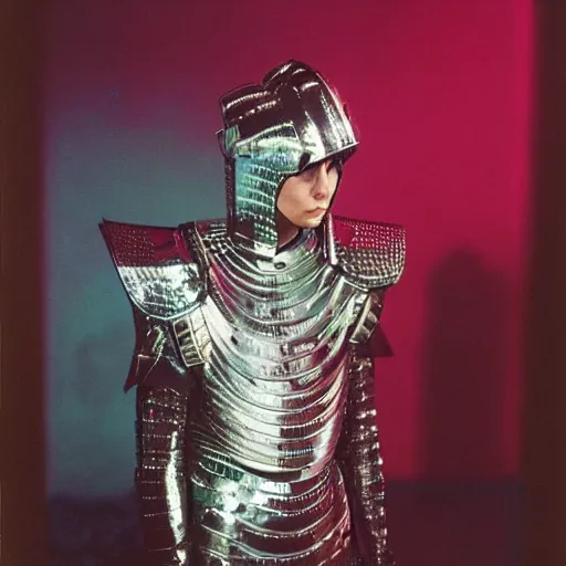 Prompt: a paladin wearing issey miyake armor in a club, portrait, fashion photography, by davide sorrenti, martin parr, nan goldin