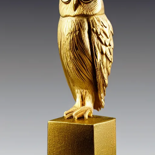 Prompt: A golden statuette of an owl. White Background.