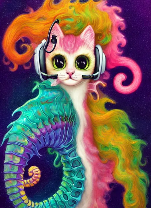 Prompt: cat seahorse fursona wearing headphones, autistic bisexual graphic designer, long haired attractive androgynous humanoid, coherent detailed character design, weirdcore voidpunk digital art by delphin enjolras, leonetto cappiello, louis wain, ward kimball, amy sol, furaffinity, cgsociety, trending on deviantart