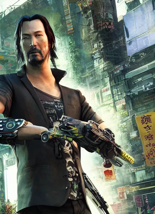 Image similar to wake up samurai, solarpunk, lots of plants, gardening, permaculture, keanu reeves as johnny silverhand, cyberpunk 2 0 7 7, anarchy, realistic, ultra detailed, face enhance