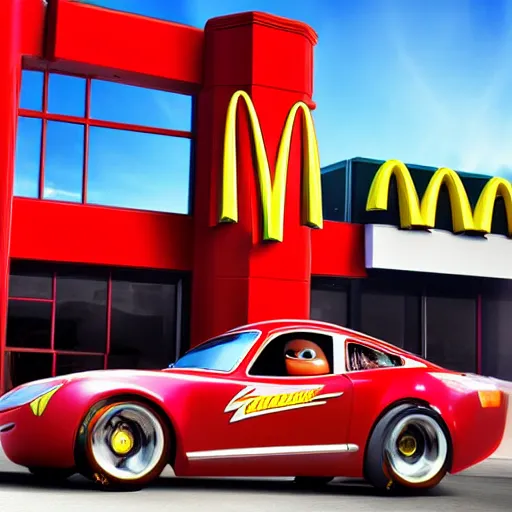 Image similar to photorealistic lightning mcqueen from cars at the mcdonalds drive through, award winning candid photography