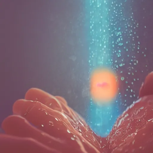 Image similar to a blurry closeup picture of hands around neck, dripping wet, no face, macro photography, long exposure photograph, surrealism, anamorphic bokeh, cozy, soft light, cyan and orange, caustic, atmospheric fog, octane render, cinematic