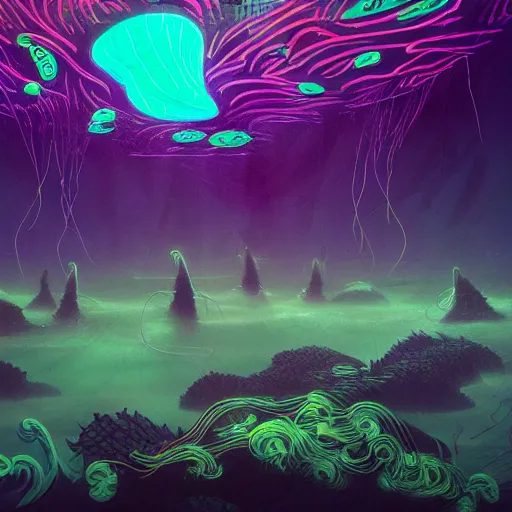 Prompt: an underwater alien ocean, filled with bioluminescence, twirling glowing sea plants, neon colors, and a mystical misty glow, ethereal, detailed, fantasy illustration, dark brooding and eerie