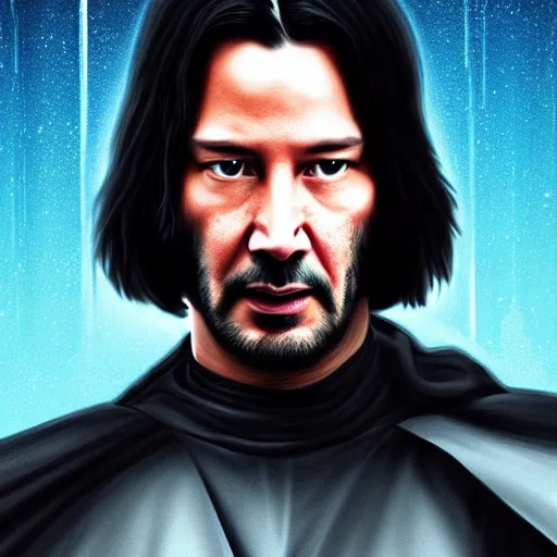 Image similar to keanu reevs as jedi, hyper detailed masterpiece, digital art painting, hyper realism aesthetic