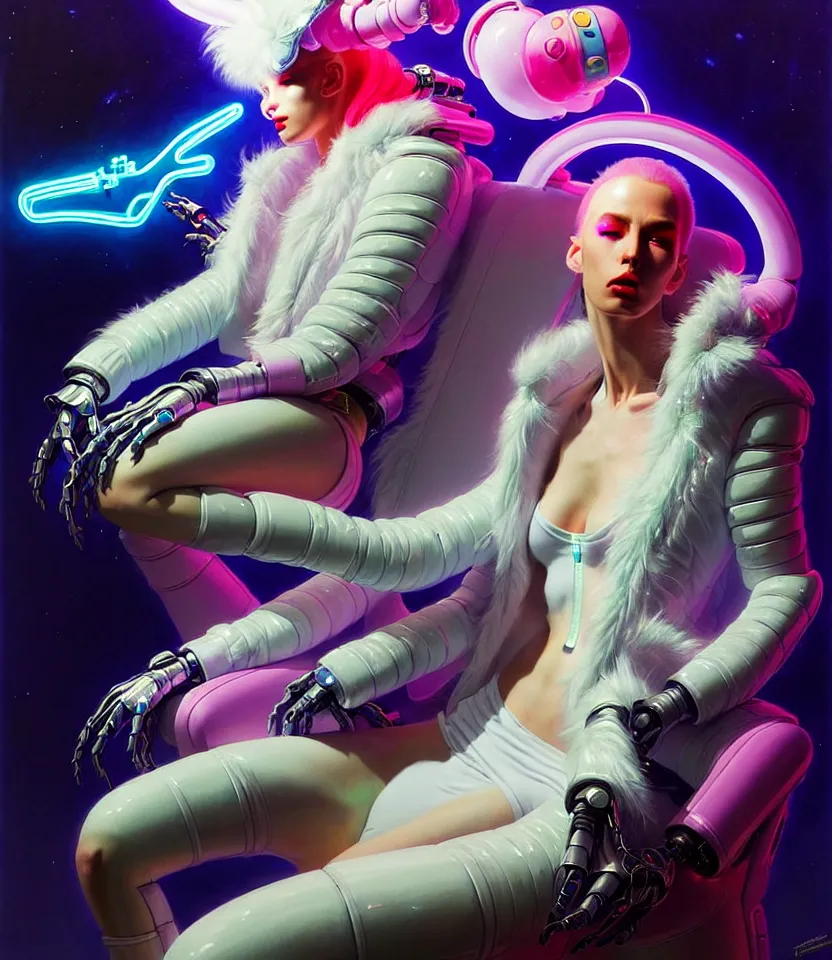 Image similar to beautiful fantasy character portrait, wearing neon technicolor puffy bomber jacket with white fur, seductive reclining pose, futuristic robots sitting, ultra realistic, dramatic lighting, robots, the fifth element artifacts, highly detailed by peter mohrbacher, hajime sorayama, wayne barlowe, boris vallejo, aaron horkey, gaston bussiere, craig mullins