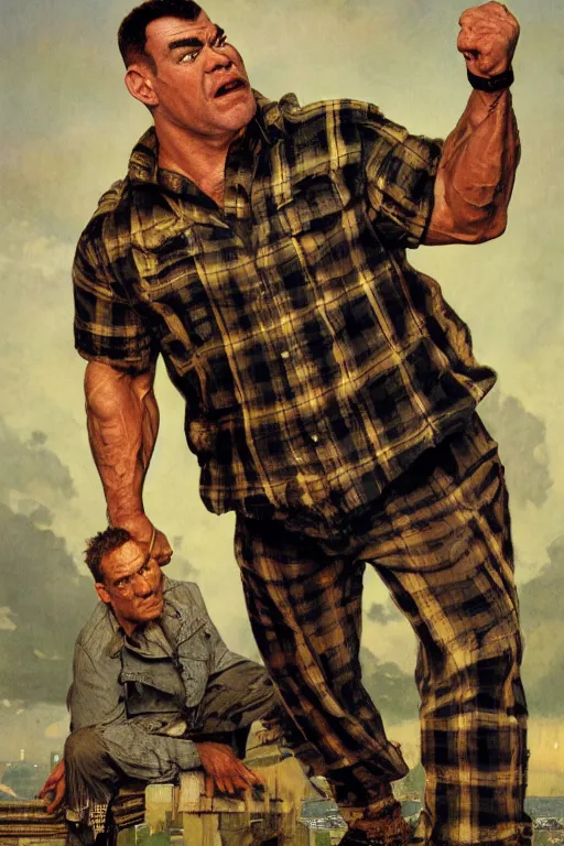 Image similar to upper body and head portrait of huge hulking absurdly muscular jocko willink as marvel character wearing plaid shirt and pants against simple background by alex ross and lawrence alma tadema and norman rockwell and greg staples, high detail