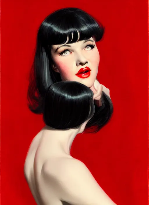 Image similar to portrait of betty page with bangs, 1 9 6 0 s, long hair, red clothes, bangs, black eyes, intricate, elegant, glowing lights, highly detailed, digital painting, artstation, concept art, smooth, sharp focus, illustration, art by wlop, mars ravelo and greg rutkowski