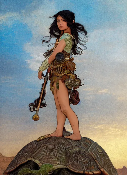 Image similar to a little warrior girl standing on top of one giant turtle in the desert. the girl has dark skin and beautiful green eyes, realistic full body and a very beautiful detailed symmetrical face with long black hair. diffuse light, dramatic sky and landscape, extreme long shot fantasy illustration by mucha