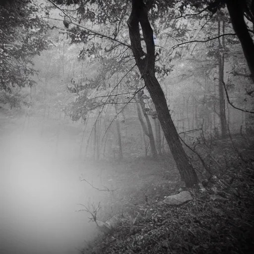 Image similar to yellow dog man creature pointy scary rusty monster trailcam footage, liminal, black and white, foggy, creepypasta, scary, nightmare