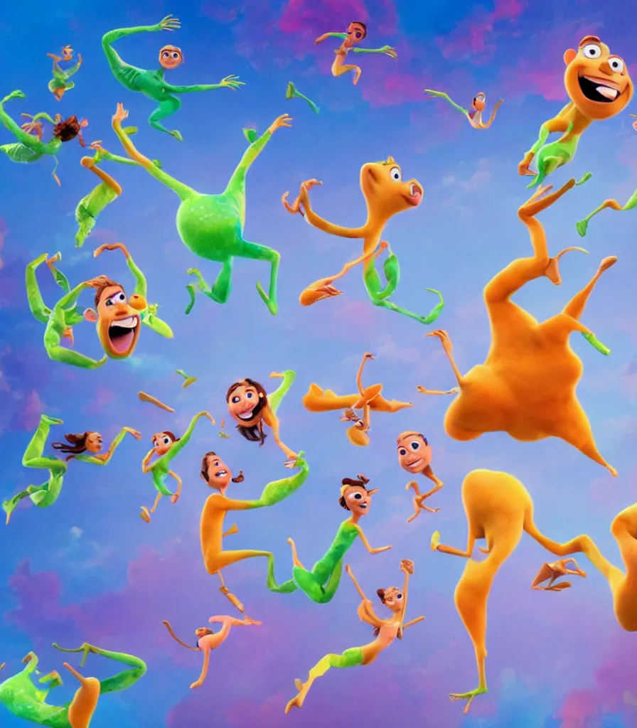 Image similar to full body shot of dancers dancing on the clouds, 3 d animated pixar illumination studios animated movie by pete docter, extremely joyful and eerie smiles, slimy fluid liquid