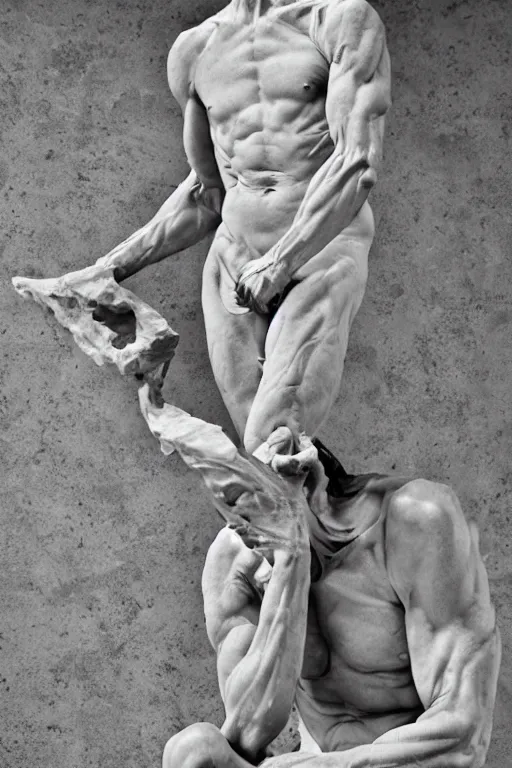 Prompt: epic and dramatic view of unfinished man sculpting himself statue made in tannish polished marble, realistic and ultra detailed by bernini, 8 k