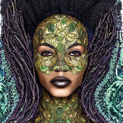 Prompt: portrait of an enchanted being, half human half divine african american goddess of chill, ultra detailed, ornate, organic, haute couture black roses and seaweed, under water, full body, upper light, symmetrical face, hyperrealistic