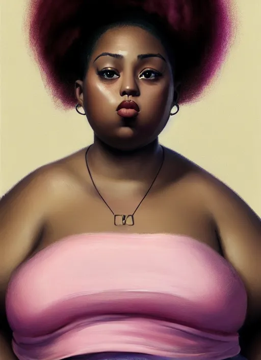 Image similar to full body portrait, teenage vanessa morgan, pink hair, obese, black girl, curly pixie hair, sultry, realistic, short hair, hoop earrings, skirt, shirt, fat, belly, intricate, elegant, highly detailed, digital painting, artstation, concept art, smooth, sharp focus, illustration, art by wlop, mars ravelo and greg rutkowski