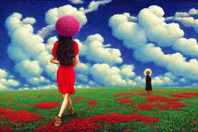 Image similar to giant flower head, woman walking, surreal, clouds in sky, impressionist painting, digital painting, artstation, rob gonsalves