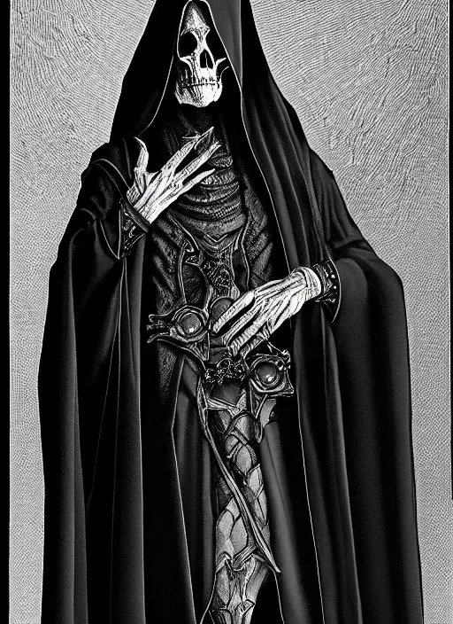 Image similar to fineart illustration of the necromancer wearing a black cloak, hyper detailed, crisp