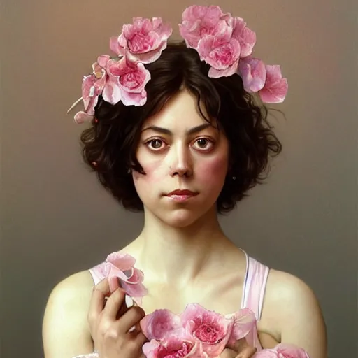 Image similar to pink petals with a ahape of a wonderful aubrey plaza, intricate, elegant, highly detailed, wonderful eyes, sweet, digital painting, artstation, concept art, smooth, sharp focus, illustration, art by artgerm and greg rutkowski and alphonse mucha and william - adolphe bouguereau