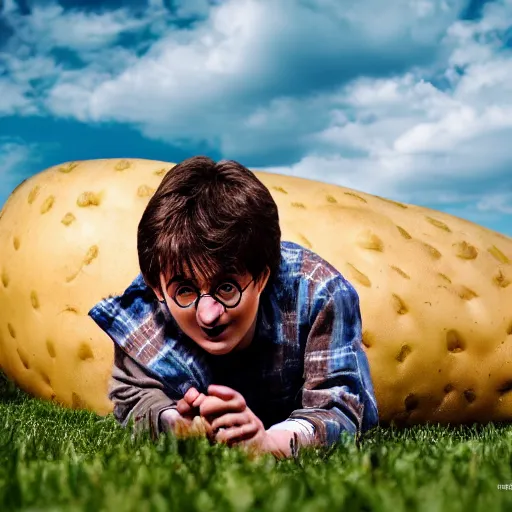 Prompt: harry potter, laying inside of a giant potato, idaho, photography, closeuo, midshot, midday, realistic, cinematic