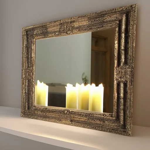 Prompt: lit candle between 2 mirrors, realistic, ultra high quality, reflective