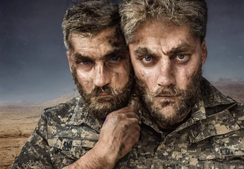 Image similar to portrait of muscular, tired and alcoholic 3 0 - year - ol 5 grieving man with short darkblonde hair, serious sad look in his eyes, looking down, dirty beard, blue eyes, crying tears, wearing dirty soldier uniform, on the desert, sad atmosphere, hyper realistic face, character art, art by mark brooks, cryengine, trending on artstation, digital art