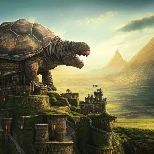 Image similar to large fantasy castle riding on the top of a giant tortoise, towering over a harsh wasteland with sharp rays of sunlight, howls moving castle, mortal engines, kaiju, distant - mid - shot, fantasy, hyper detailed, 4 k