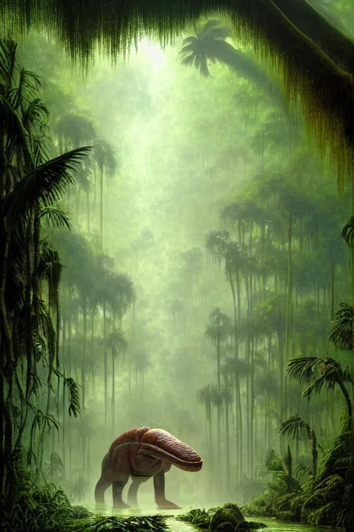 Image similar to a swampy tropical forest surprising a ancient mayan ruins with argentinosaurus walking around, tone mapped, shiny, intricate, cinematic lighting, highly detailed, digital painting, artstation, concept art, smooth, sharp focus, illustration, art by arthur haas and bruce pennington and john schoenherr