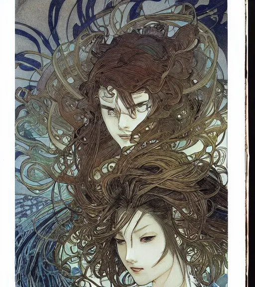 Image similar to yoshitaka amano anime painting, intricate line drawings, pen and ink, alphonse mucha, claire wendling, kentaro miura, ruan jia