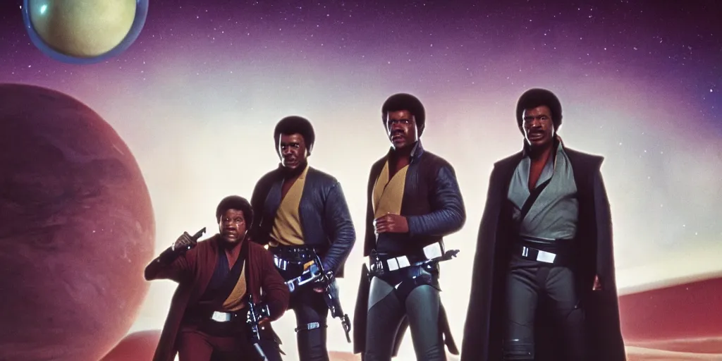 Prompt: screenshot of portrait Han Solo, Lando Calrissian and Luke Skywalker standing on an surreal minimalist a planet of maelstrom, the world without form, 1970s film by Stanley Kubrick, iconic scene, stunning cinematography, octane render, hyper-detailed, sharp, anamorphic lenses, kodak color, 4k, stunning