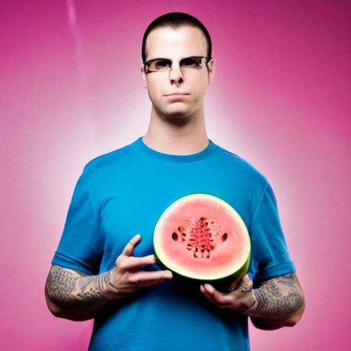 Prompt: portrait photo of matt shadows holding a watermelon, color, studio lighting