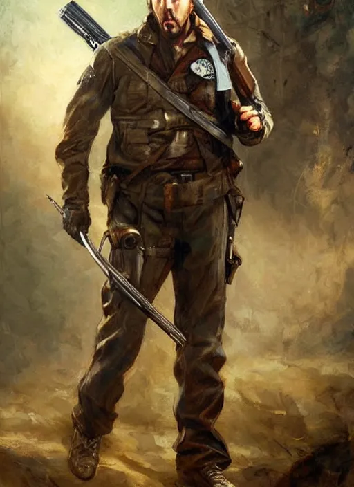 Prompt: nicholas cage as a ranger with a rifle painted by raymond swanland