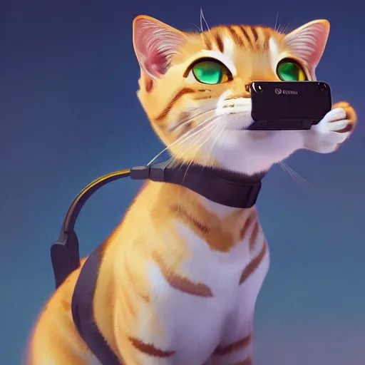 Image similar to a tabby cat wearing a VR Oculus Quest headset on its head. By Makoto Shinkai, Stanley Artgerm Lau, WLOP, Rossdraws, James Jean, Andrei Riabovitchev, Marc Simonetti, krenz cushart, Sakimichan, trending on ArtStation, digital art.