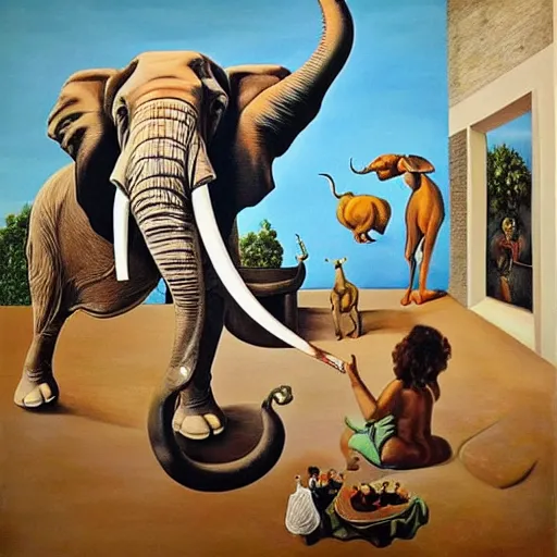 Image similar to in the style of painter salvador dali circus of animals playing, Surrealism painting, hyperrealism, large elephant plays, high details, everything sharp focus, photorealism, real photo