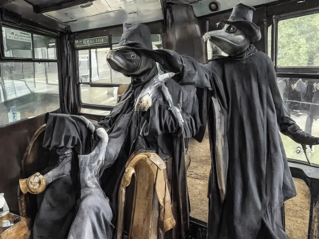 Image similar to plague doctor riding in a bus