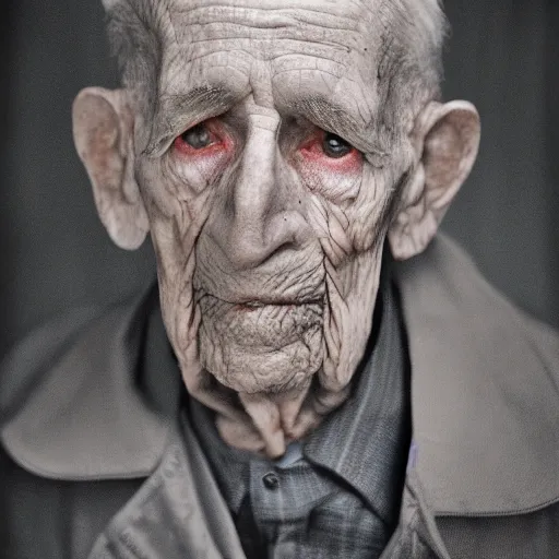 Image similar to color photo, cloes up portrait of a blind 100 year old war veteran by richard avedon, realistic, Leica, medium format, cinematic lighting, parallax, high resolution,