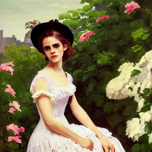 Prompt: painting on wall full body fashion model emma watson by Winslow Homer smokey eyes makeup eye shadow fantasy, glow, shimmer as victorian woman in a long white frilly lace dress and a large white hat having tea in a sunroom filled with flowers, roses and lush fern flowers ,intricate, night, highly detailed, dramatic lighting , high quality