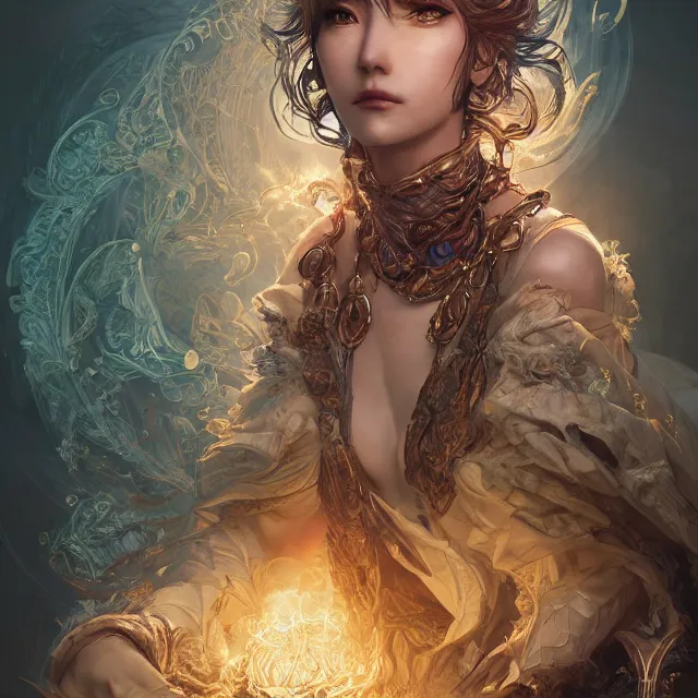 Image similar to the portrait of the lawful evil sorceress personified as an absurdly beautiful, graceful, elegant, sophisticated, mature woman, an ultrafine hyperdetailed illustration by kim jung gi, irakli nadar, intricate linework, bright colors, octopath traveler, final fantasy, unreal engine 5 highly rendered, global illumination, radiant light, detailed and intricate environment